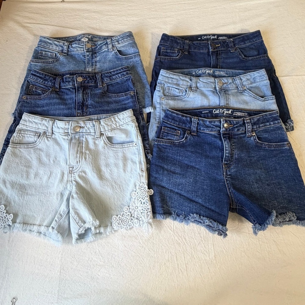 Cat & Jack Girls Denim Shorts Lot 6 Pairs Size L 10/12 Blue Wash Lace Frayed Hem